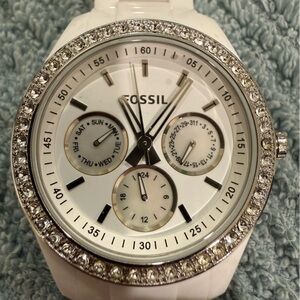 Fossil White Ceramic Ladies Watch with Crystal Bezel